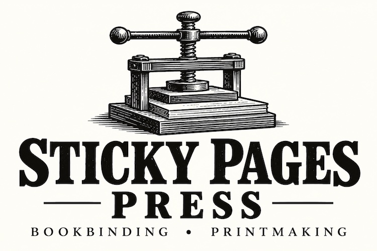logo showing a traditional hand printing / binding press and the words "Sticky Pages Press: Bookbinding / Printmaking"